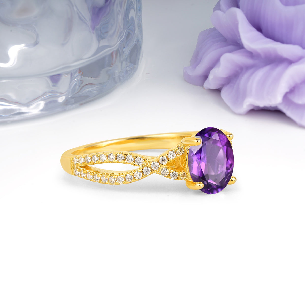 Classic Proposal Gift Oval Cut Infinity Twist Pave Band Amethyst Engagement Ring - Additional view