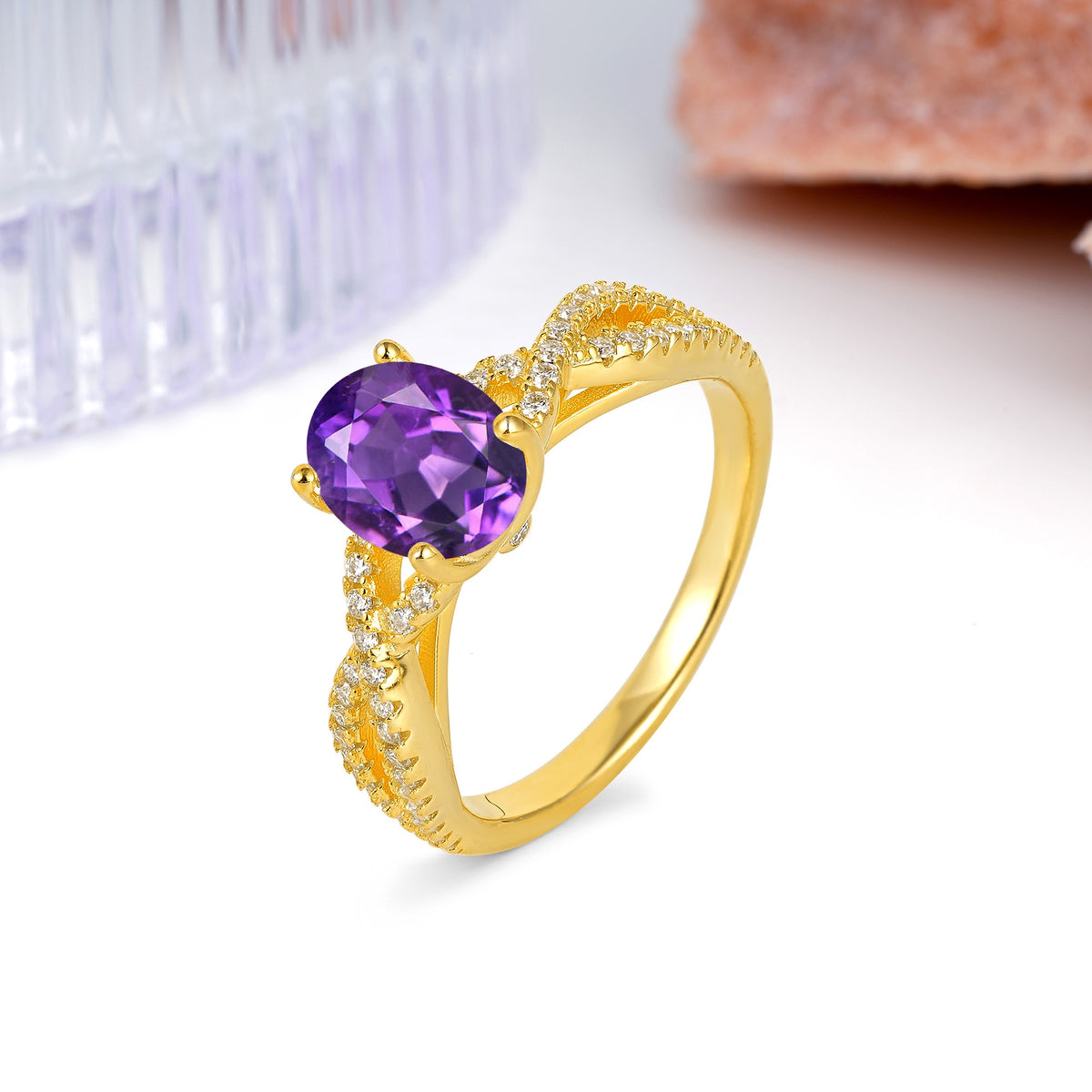 Classic Proposal Gift Oval Cut Infinity Twist Pave Band Amethyst Engagement Ring - Additional view