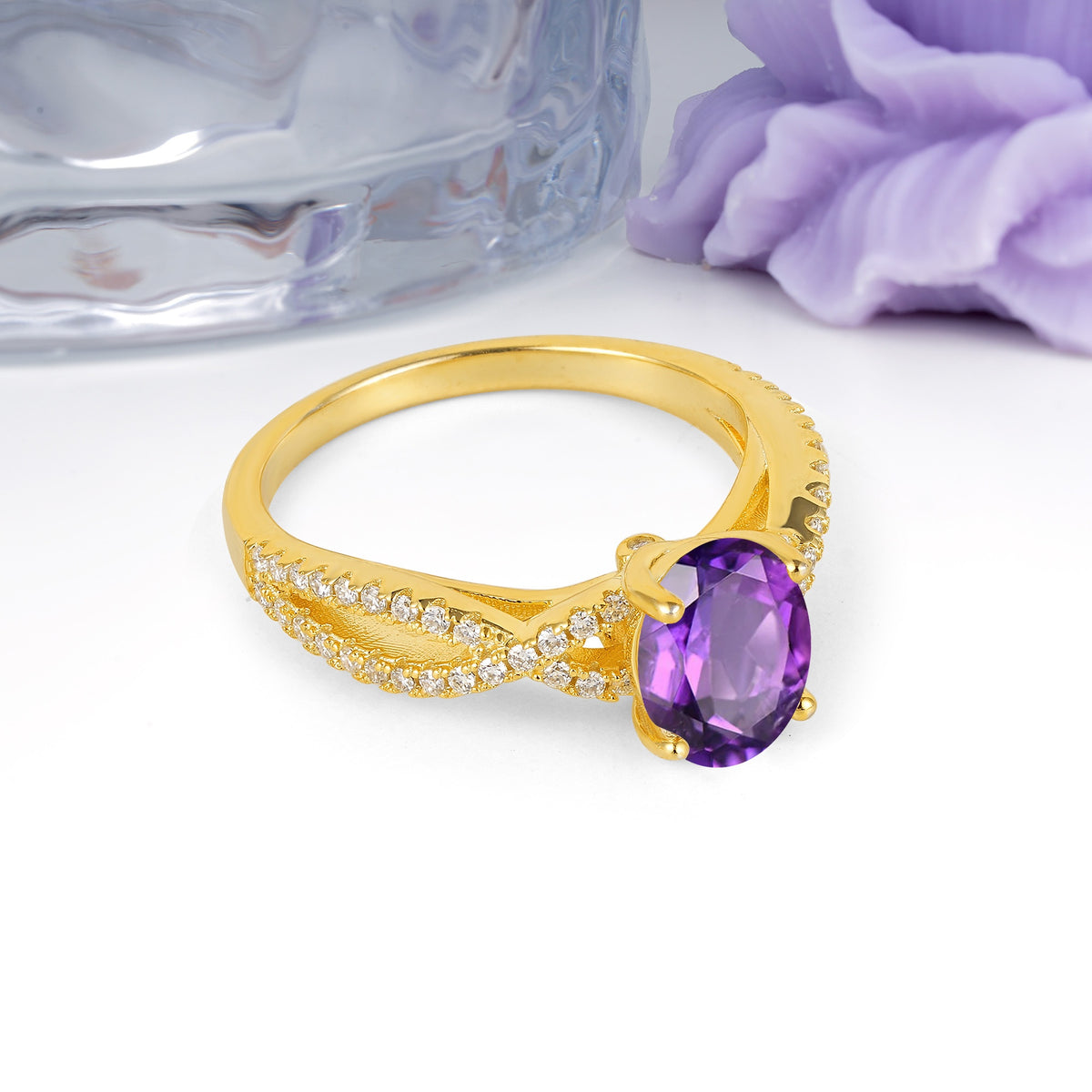 Classic Proposal Gift Oval Cut Infinity Twist Pave Band Amethyst Engagement Ring - Additional view