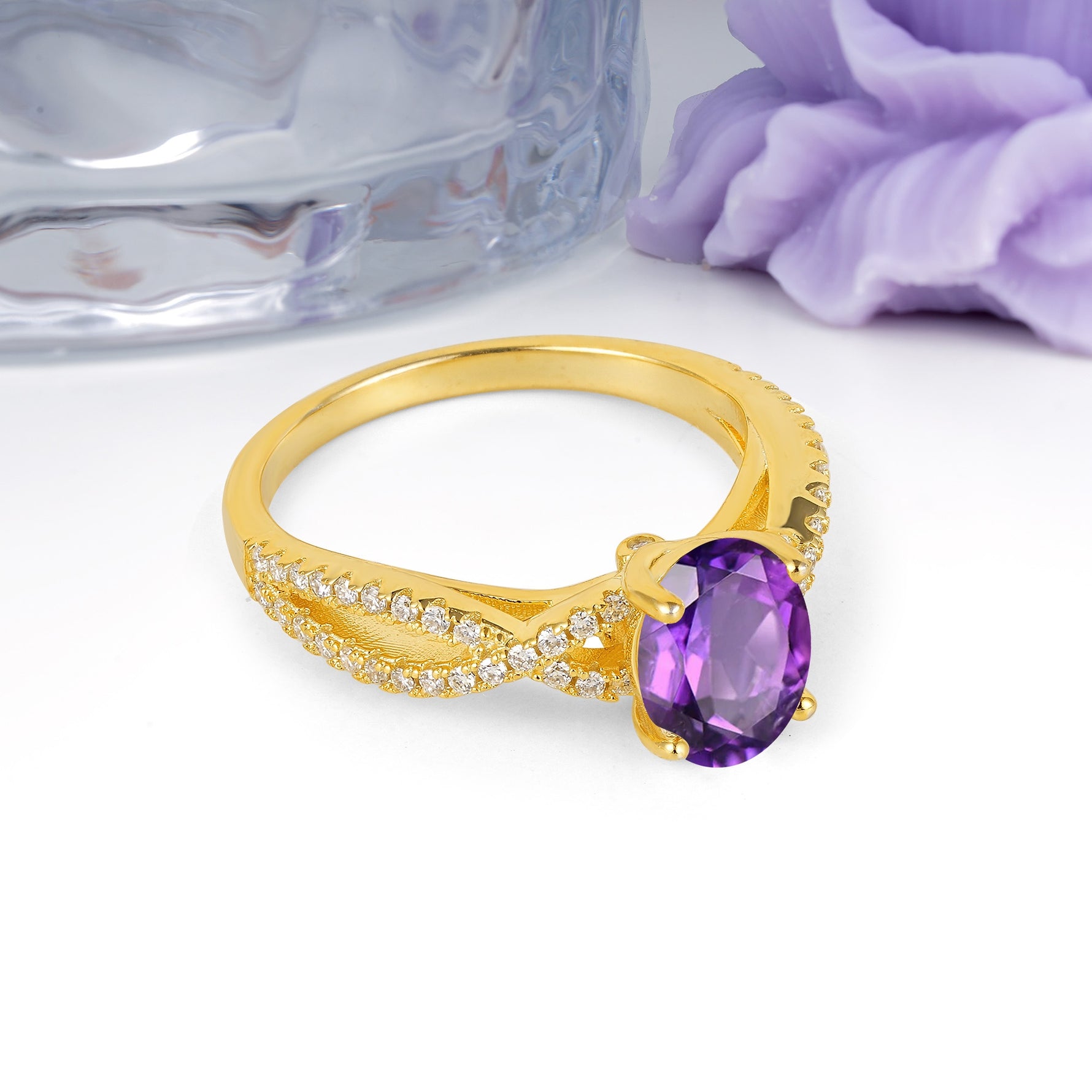 Classic Proposal Gift Oval Cut Infinity Twist Pave Band Amethyst Engagement Ring - Additional view