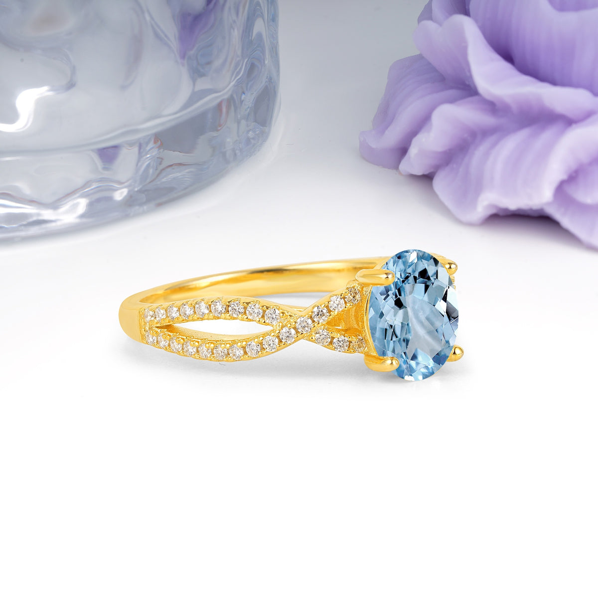 Classic Proposal Gift Oval Cut Infinity Twist Pave Band Aquamarine Engagement Ring - Additional view