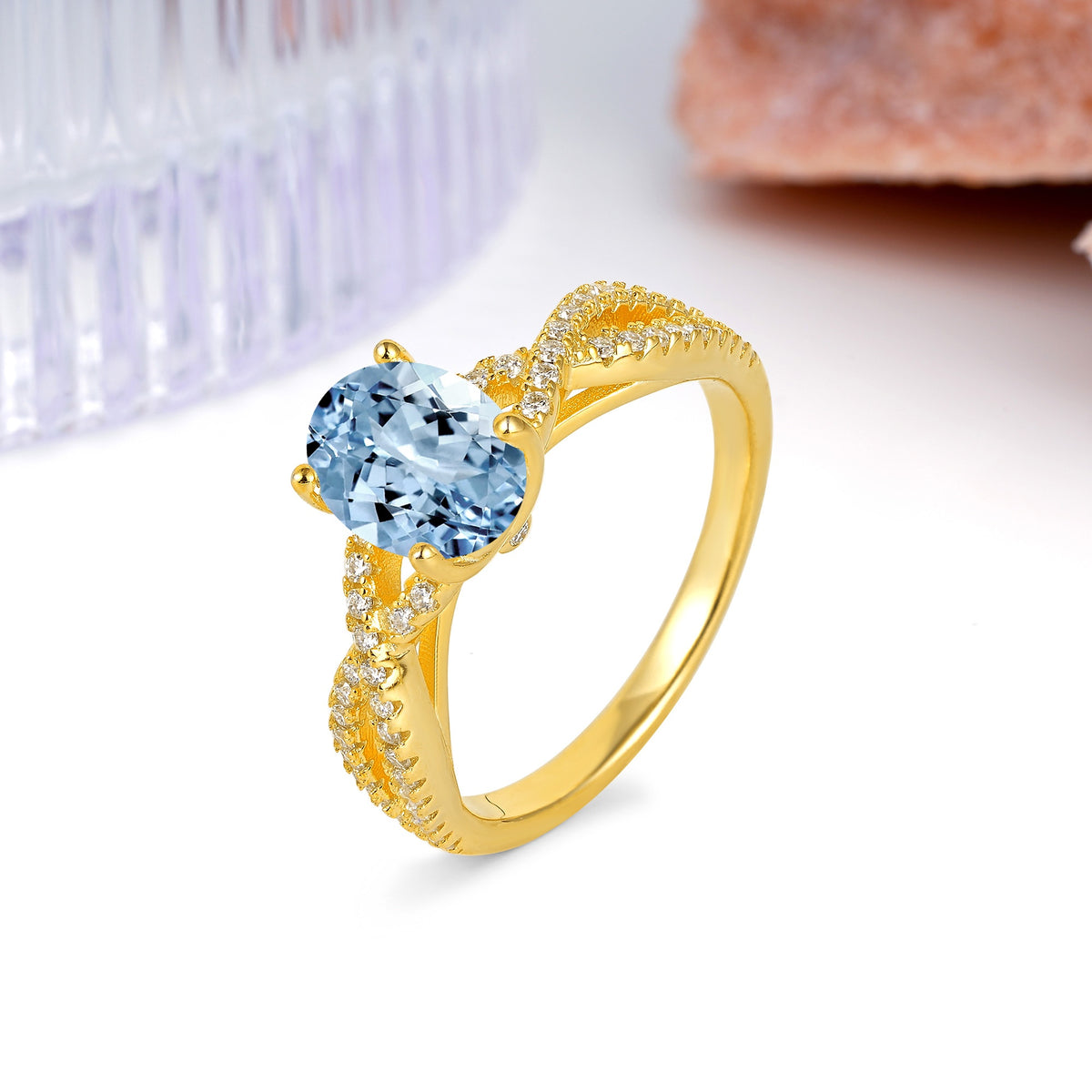 Classic Proposal Gift Oval Cut Infinity Twist Pave Band Aquamarine Engagement Ring - Additional view