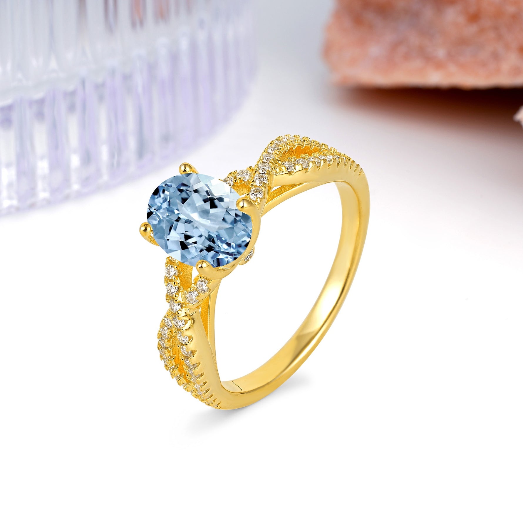 Classic Proposal Gift Oval Cut Infinity Twist Pave Band Aquamarine Engagement Ring - Additional view