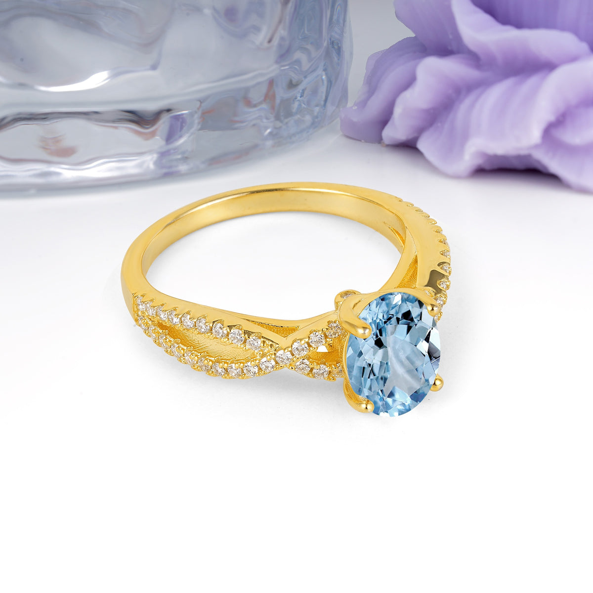 Classic Proposal Gift Oval Cut Infinity Twist Pave Band Aquamarine Engagement Ring - Additional view