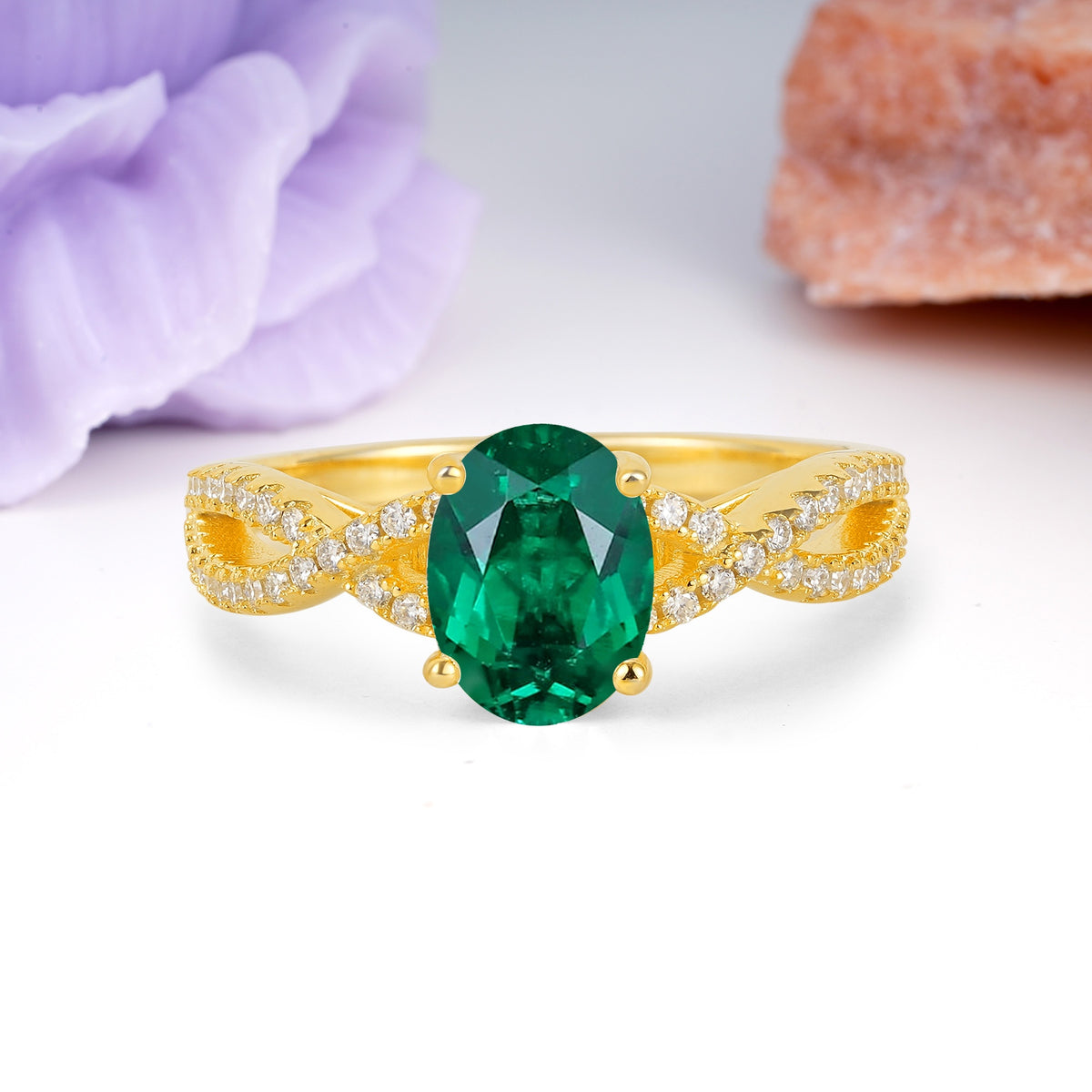 Classic Proposal Gift Oval Cut Infinity Twist Pave Band Emerald Engagement Ring - Additional view