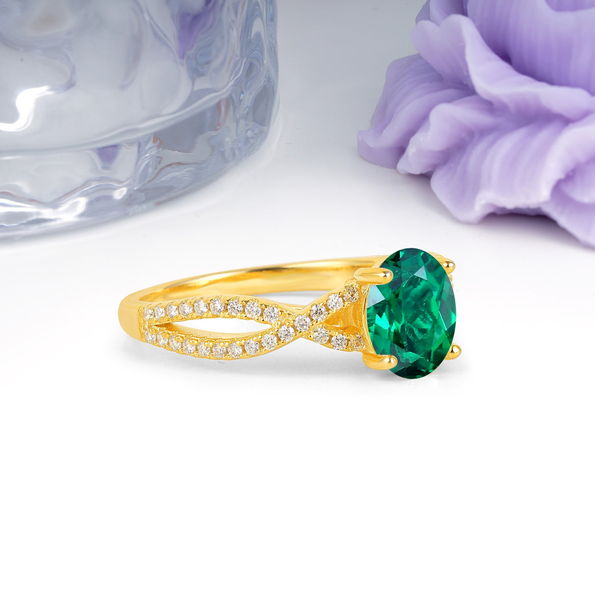 Classic Proposal Gift Oval Cut Infinity Twist Pave Band Emerald Engagement Ring - Additional view