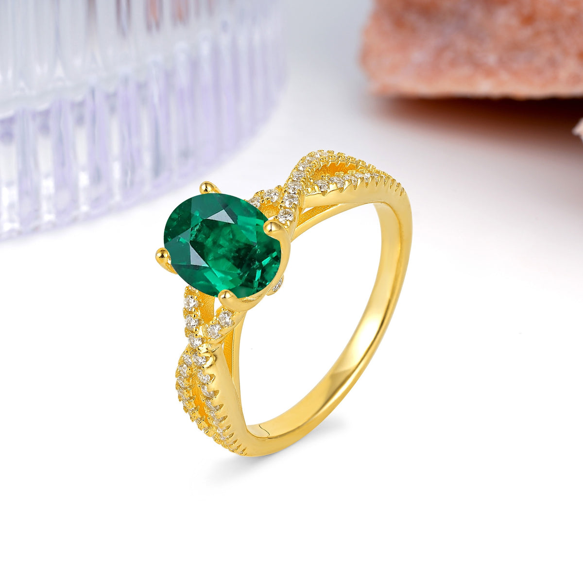 Classic Proposal Gift Oval Cut Infinity Twist Pave Band Emerald Engagement Ring - Additional view