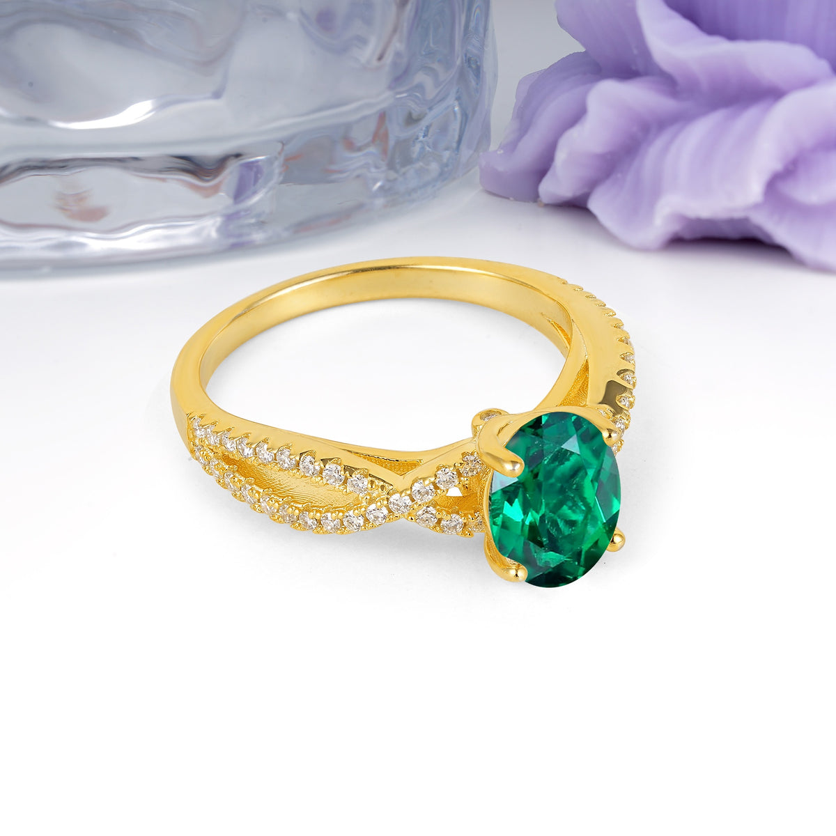 Classic Proposal Gift Oval Cut Infinity Twist Pave Band Emerald Engagement Ring - Additional view