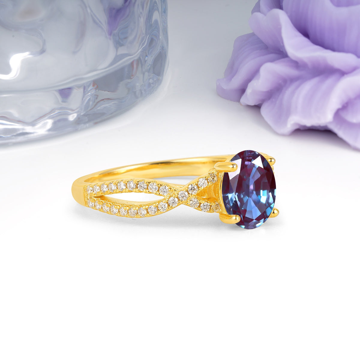 Classic Proposal Gift Oval Cut Infinity Twist Pave Band Alexandrite Engagement Ring - Additional view