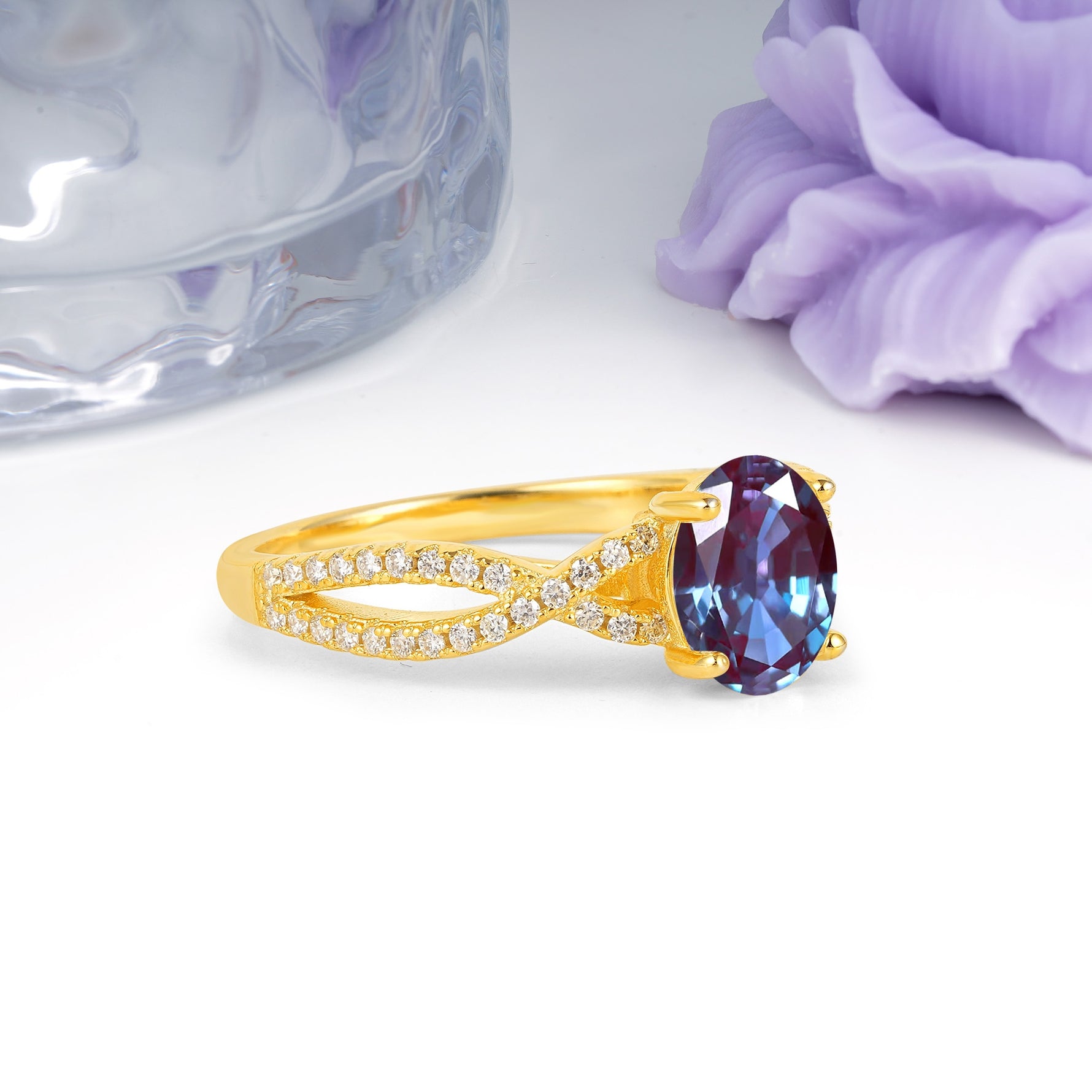 Classic Proposal Gift Oval Cut Infinity Twist Pave Band Alexandrite Engagement Ring - Additional view