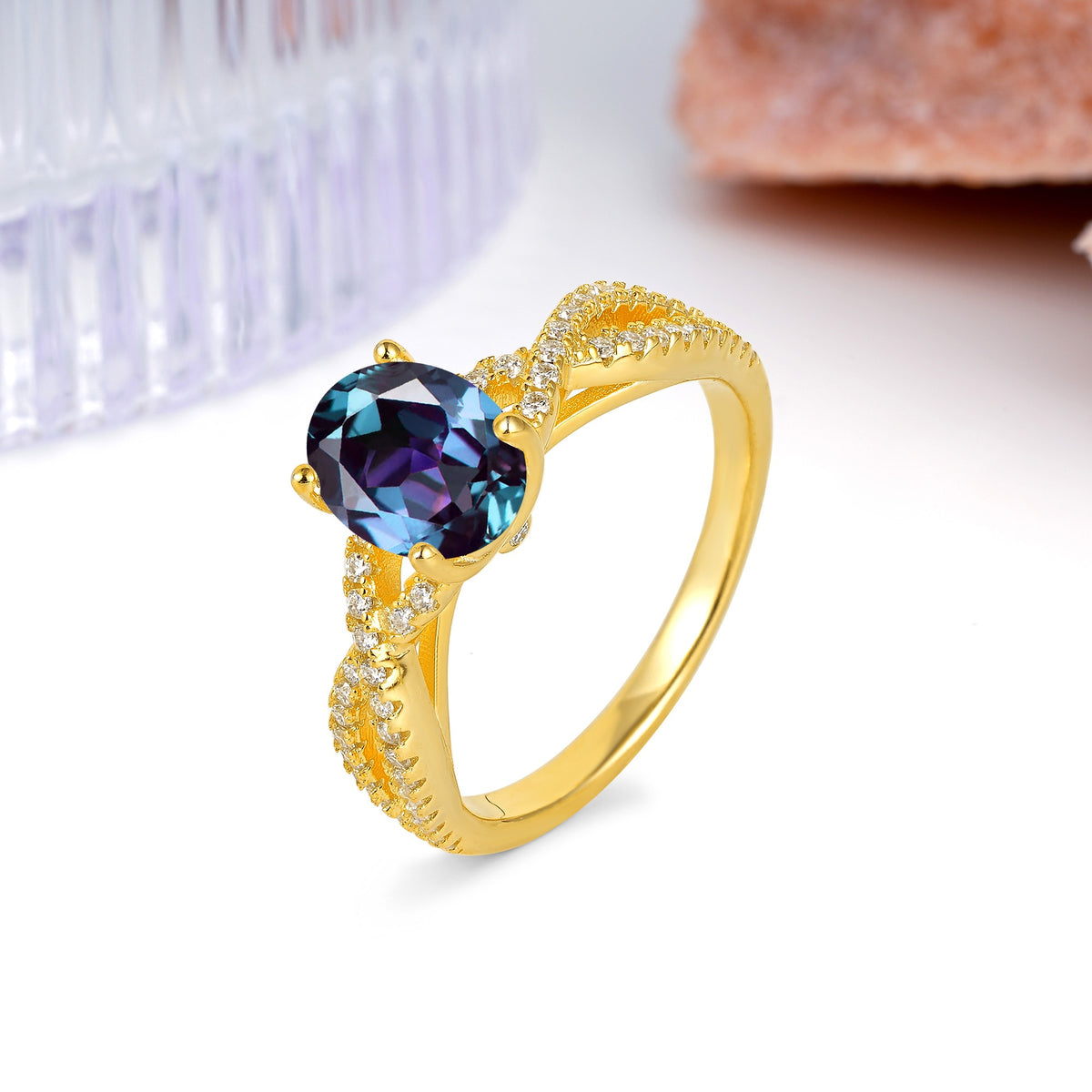Classic Proposal Gift Oval Cut Infinity Twist Pave Band Alexandrite Engagement Ring - Additional view