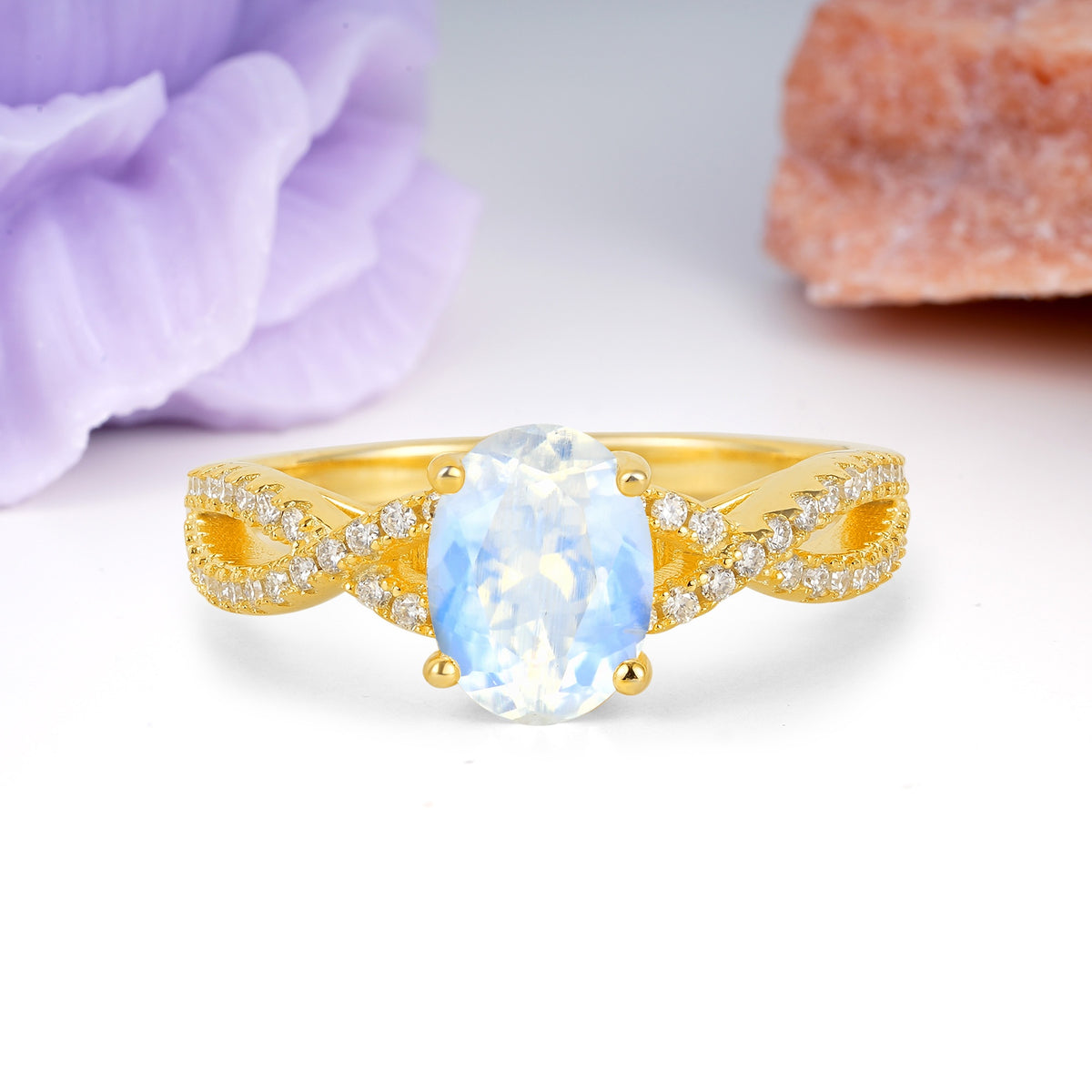 Classic Proposal Gift Oval Cut Infinity Twist Pave Band Moonstone Engagement Ring - Additional view