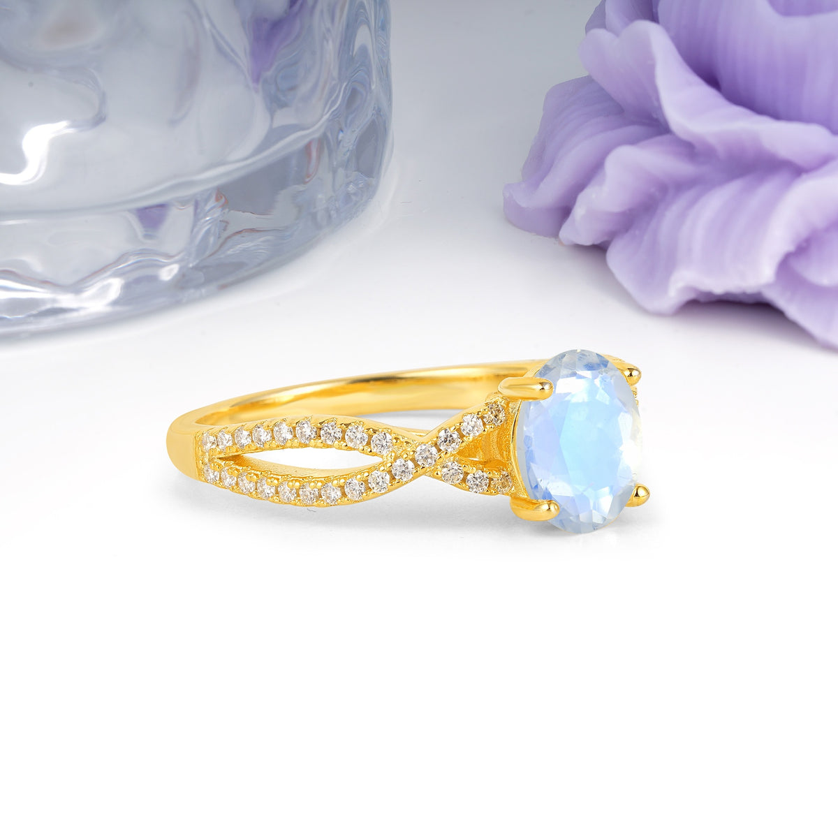 Classic Proposal Gift Oval Cut Infinity Twist Pave Band Moonstone Engagement Ring - Additional view
