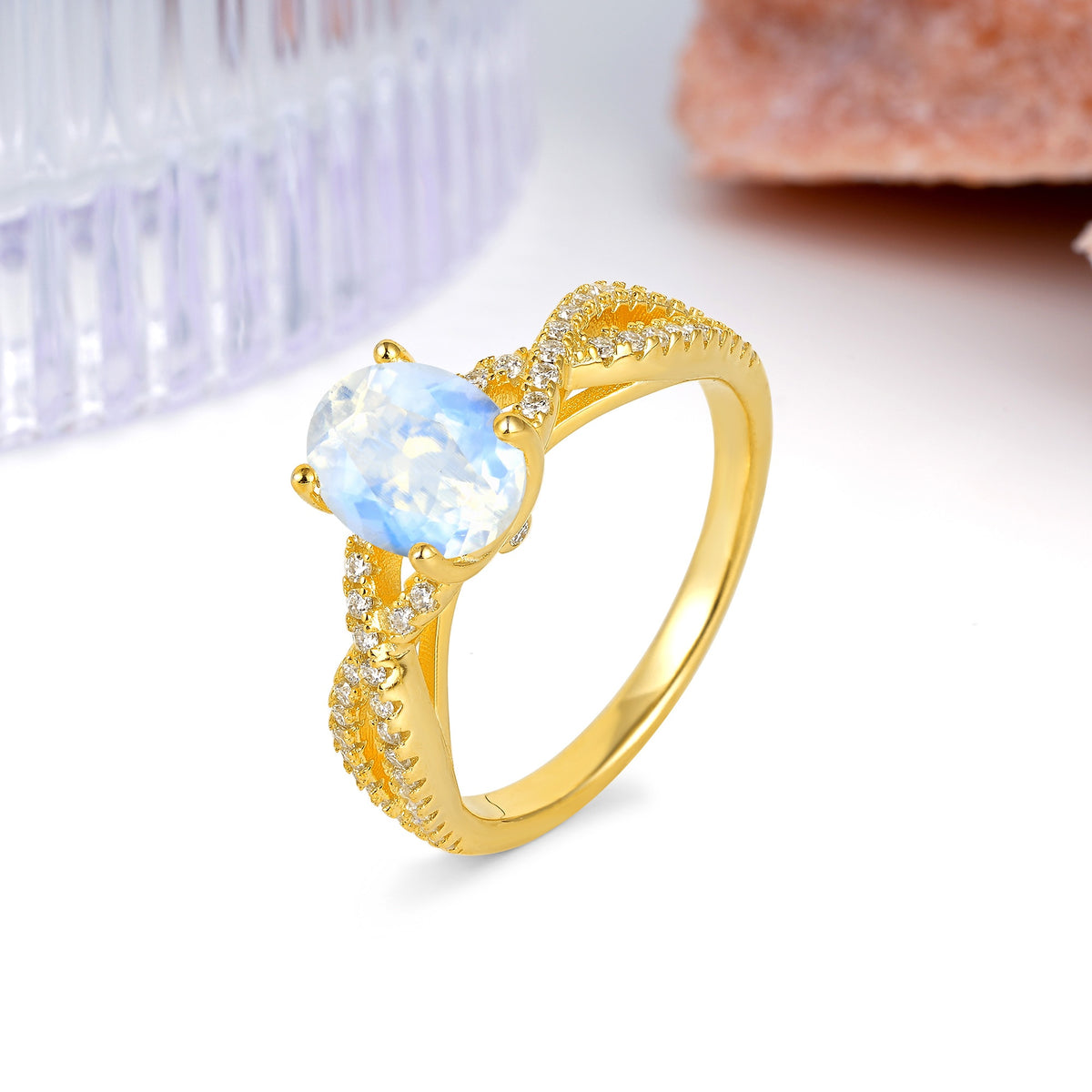 Classic Proposal Gift Oval Cut Infinity Twist Pave Band Moonstone Engagement Ring - Additional view