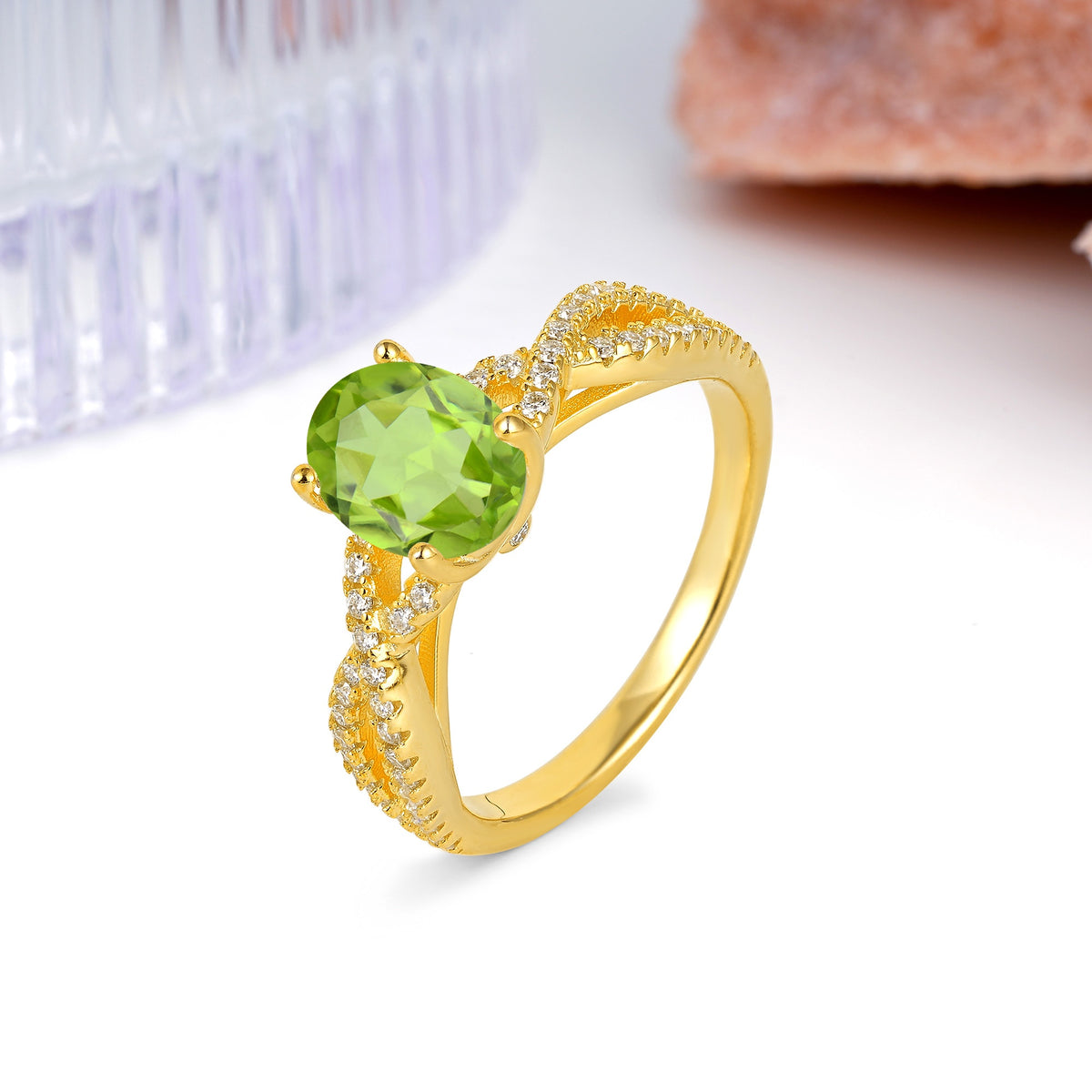 Classic Proposal Gift Oval Cut Infinity Twist Pave Band Peridot Engagement Ring - Additional view