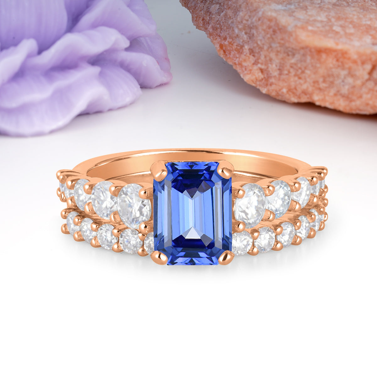 Grand Prong?Held Emerald Cut Sapphire Bridal Ring Set - Additional view
