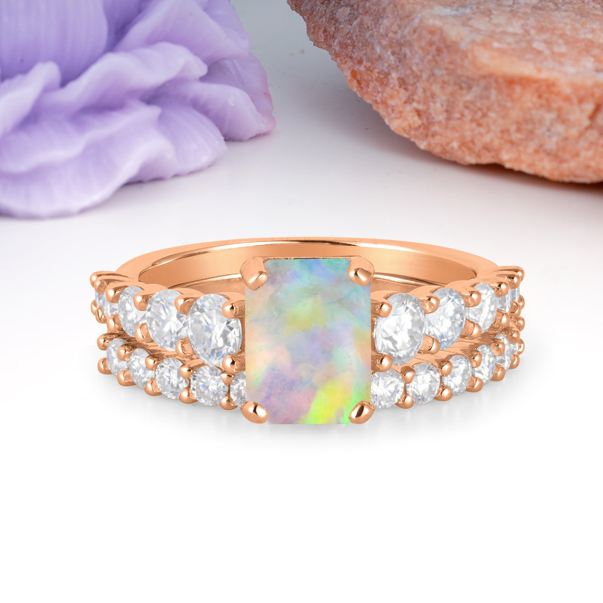 Grand Prong?Held Emerald Cut Fire Opal Bridal Ring Set - Additional view