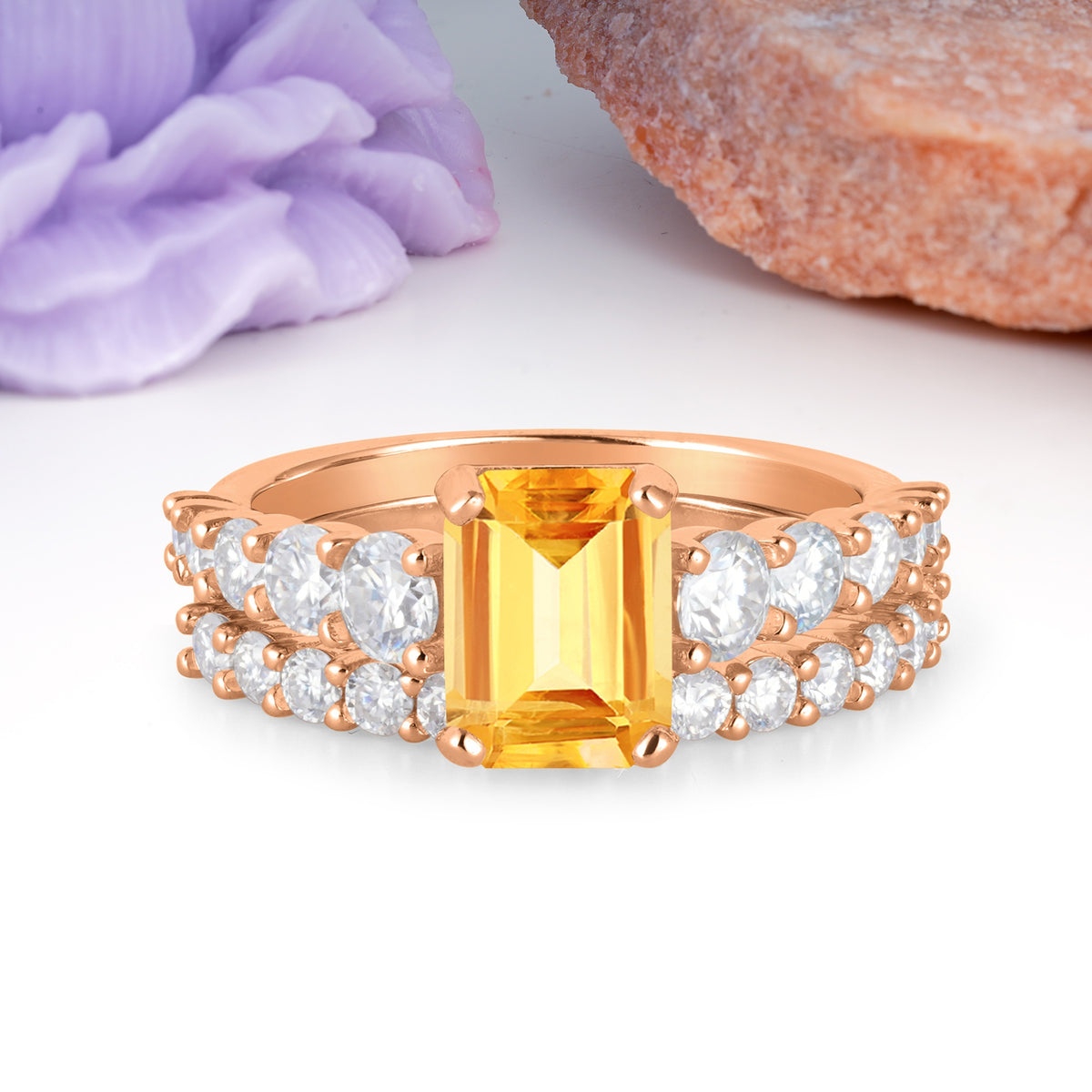 Grand Prong?Held Emerald Cut Citrine Bridal Ring Set - Additional view