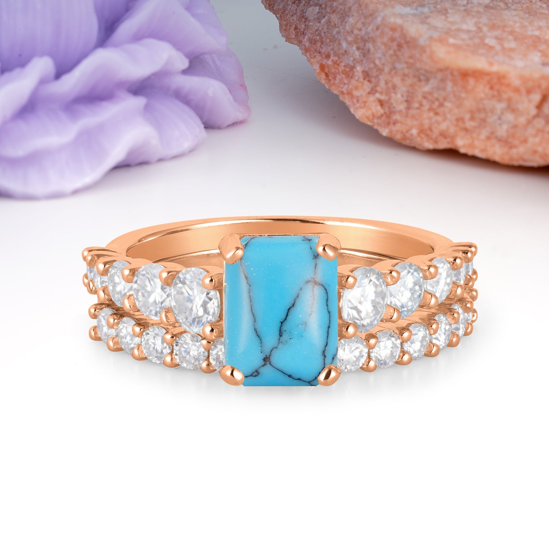 Grand Prong?Held Emerald Cut Turquoise Bridal Ring Set - Additional view