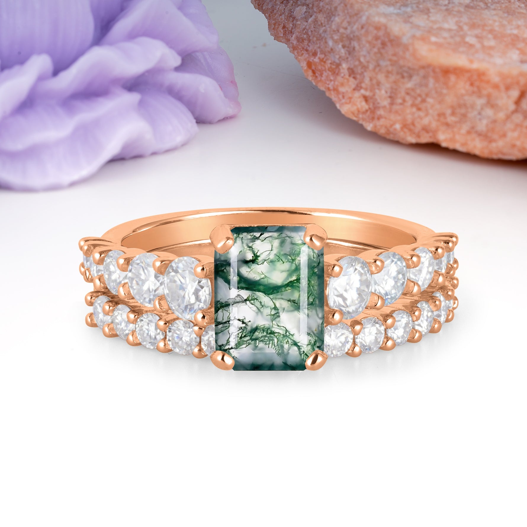 Grand Prong?Held Emerald Cut Moss Agate Bridal Ring Set - Additional view