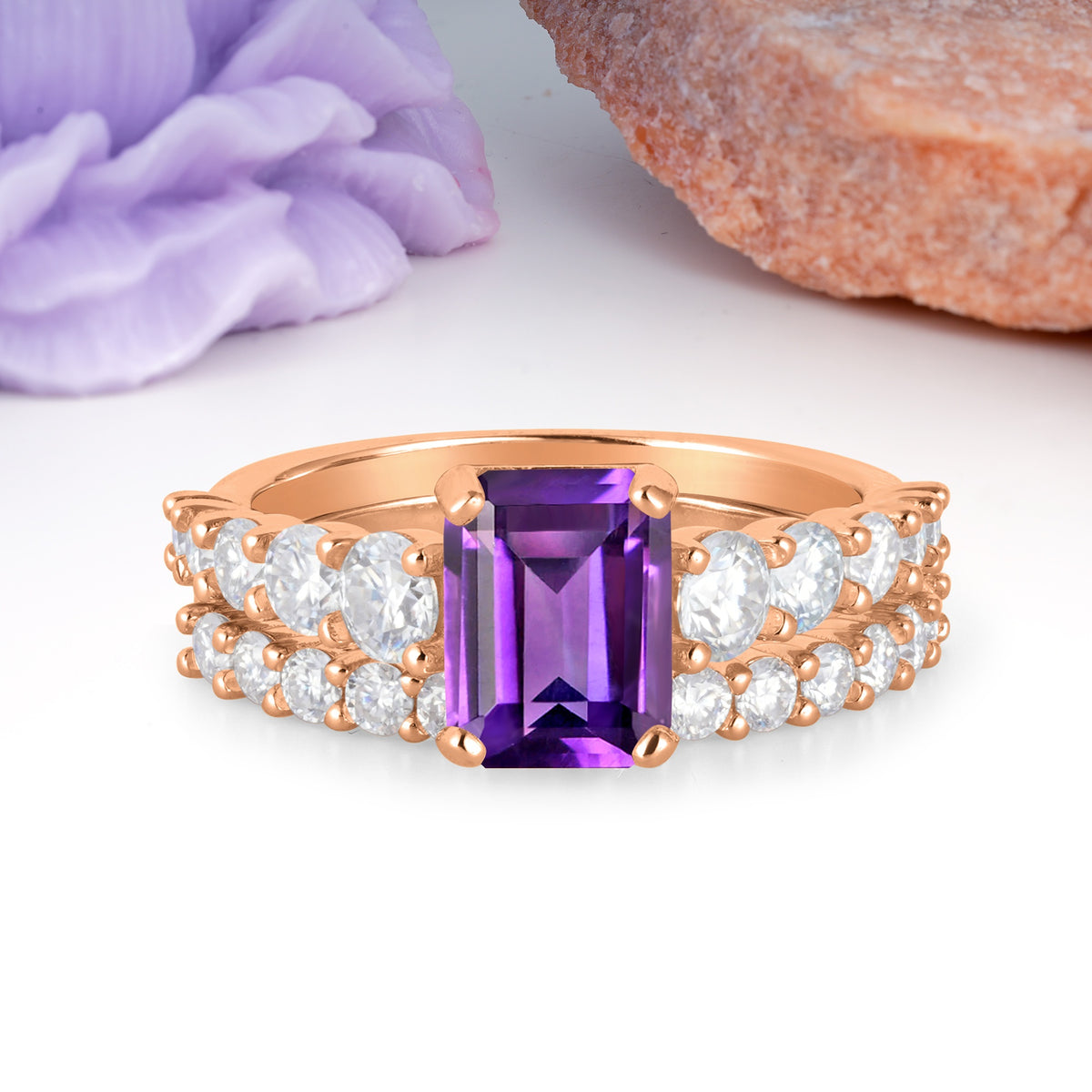 Grand Prong?Held Emerald Cut Amethyst Bridal Ring Set - Additional view