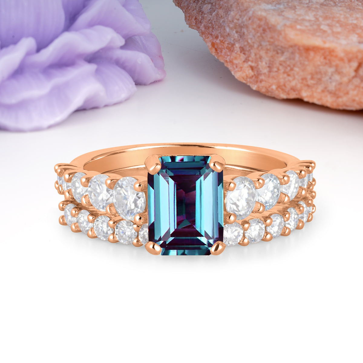 Grand Prong?Held Emerald Cut Alexandrite Bridal Ring Set - Additional view