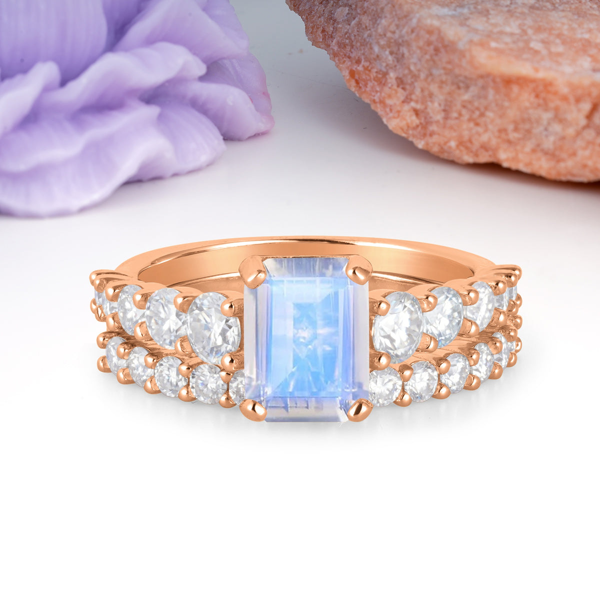 Grand Prong?Held Emerald Cut Moonstone Bridal Ring Set - Additional view