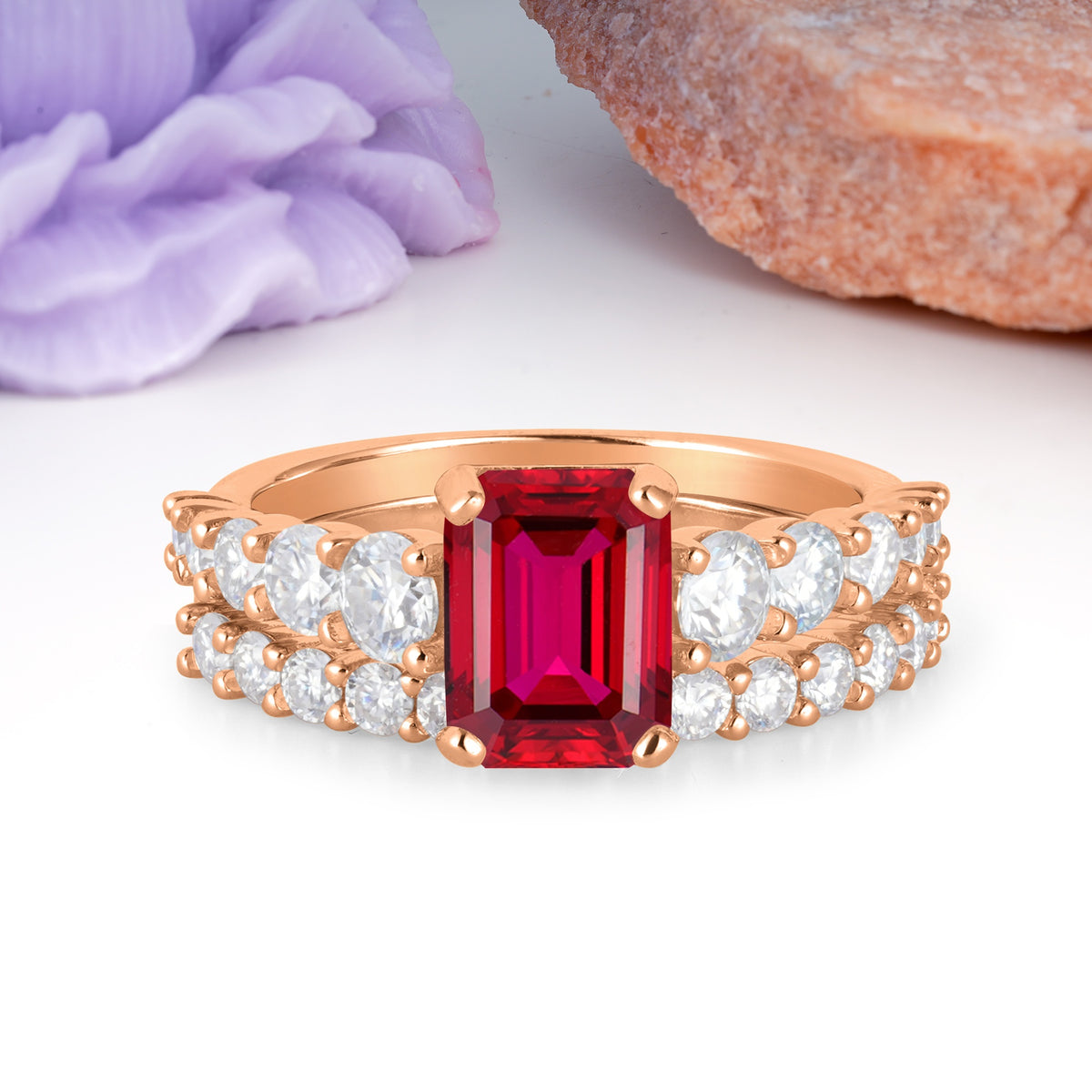Grand Prong?Held Emerald Cut Ruby Bridal Ring Set - Additional view