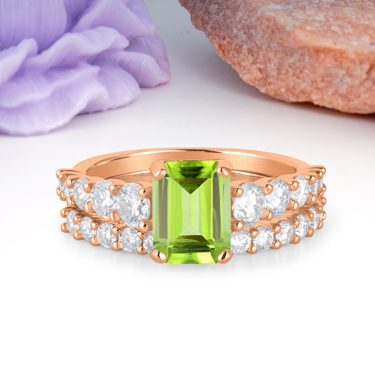 Grand Prong?Held Emerald Cut Peridot Bridal Ring Set - Additional view