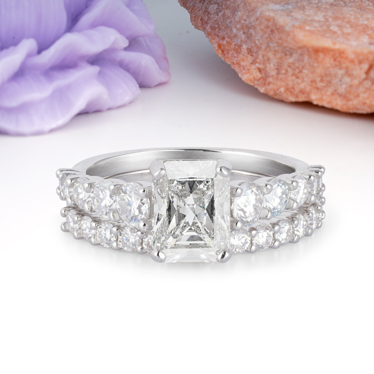 Grand Prong?Held Emerald Cut Moissanite Bridal Ring Set - Additional view