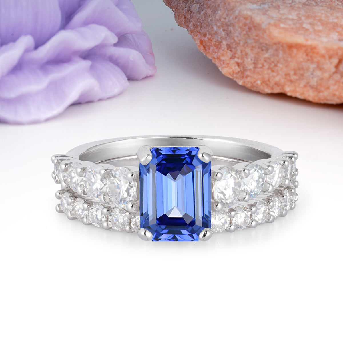 Grand Prong?Held Emerald Cut Sapphire Bridal Ring Set - Additional view
