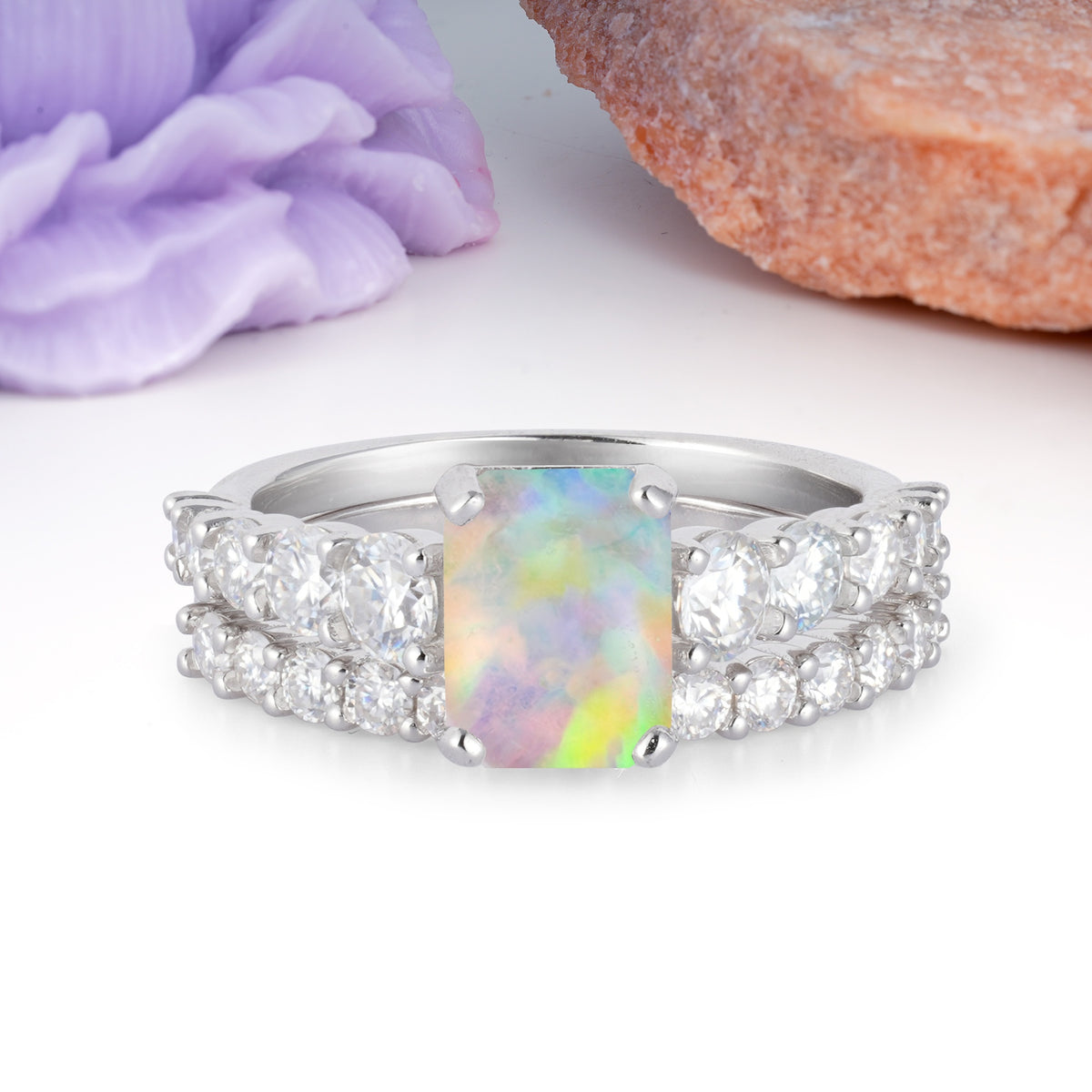 Grand Prong?Held Emerald Cut Fire Opal Bridal Ring Set - Additional view