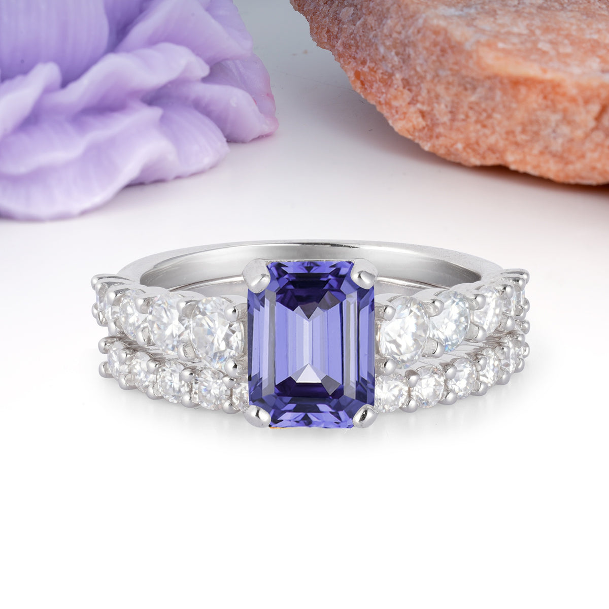 Grand Prong?Held Emerald Cut Tanzanite Bridal Ring Set - Additional view