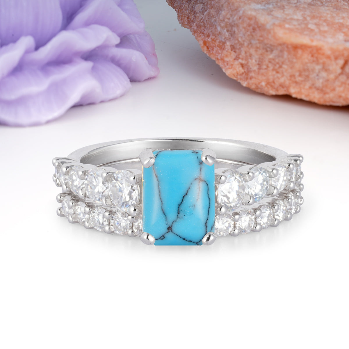 Grand Prong?Held Emerald Cut Turquoise Bridal Ring Set - Additional view