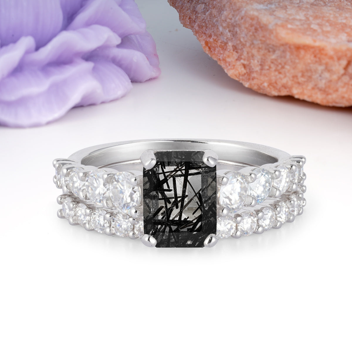 Grand Prong?Held Emerald Cut Black Rutilated Quartz Bridal Ring Set - Additional view