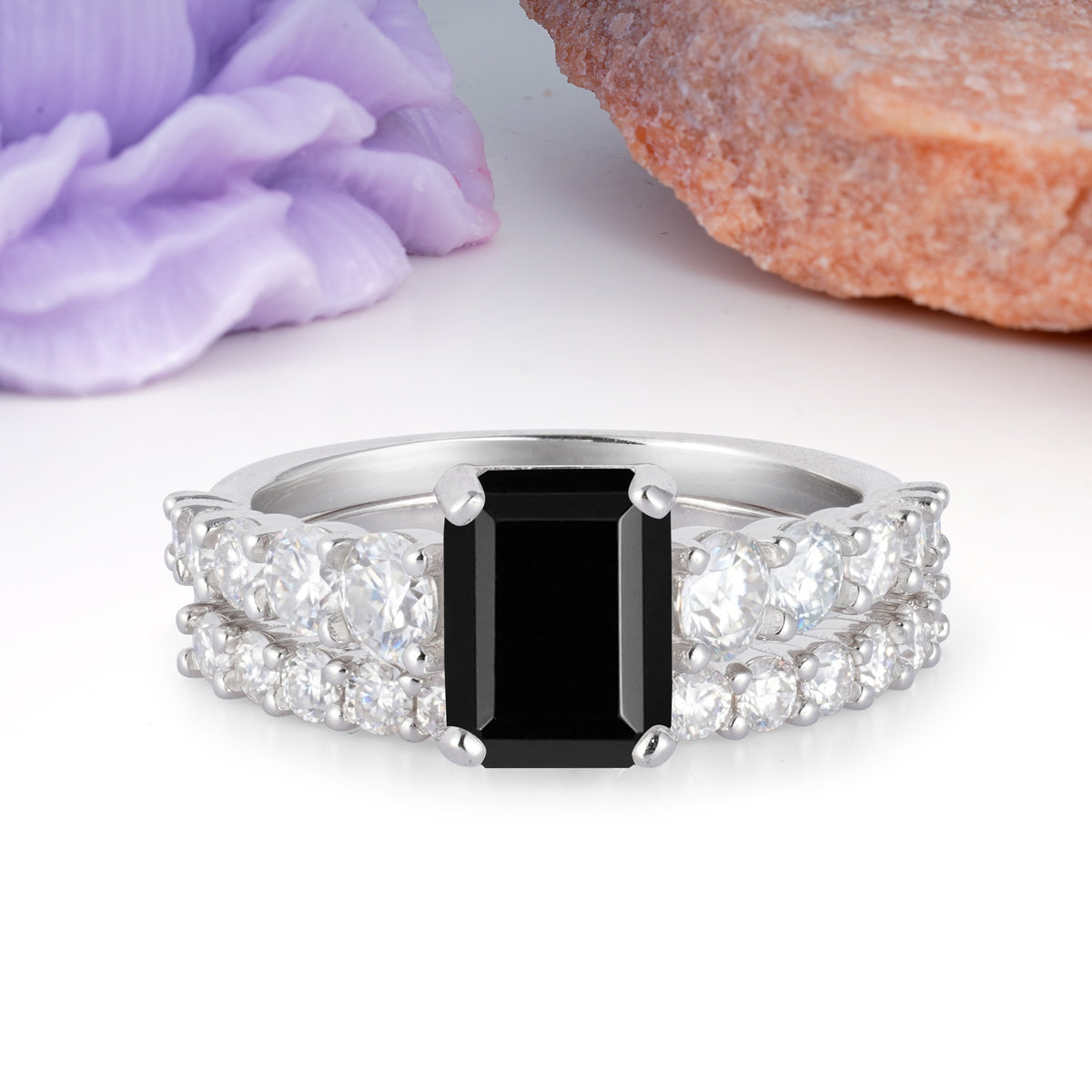 Grand Prong?Held Emerald Cut Black Onyx Bridal Ring Set - Additional view