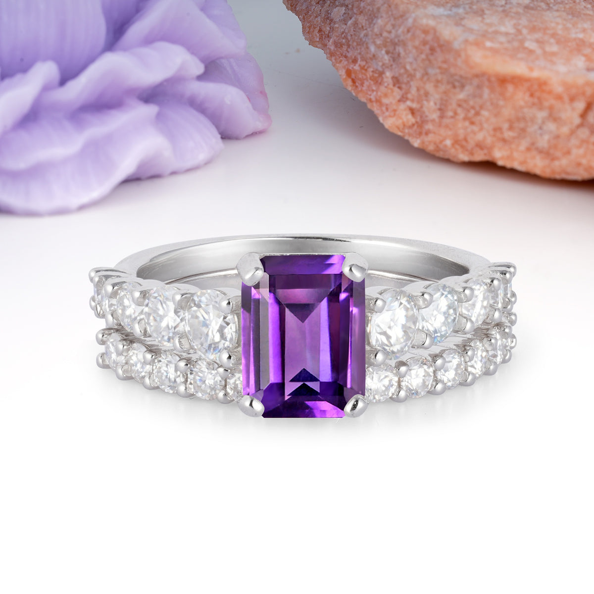 Grand Prong?Held Emerald Cut Amethyst Bridal Ring Set - Additional view