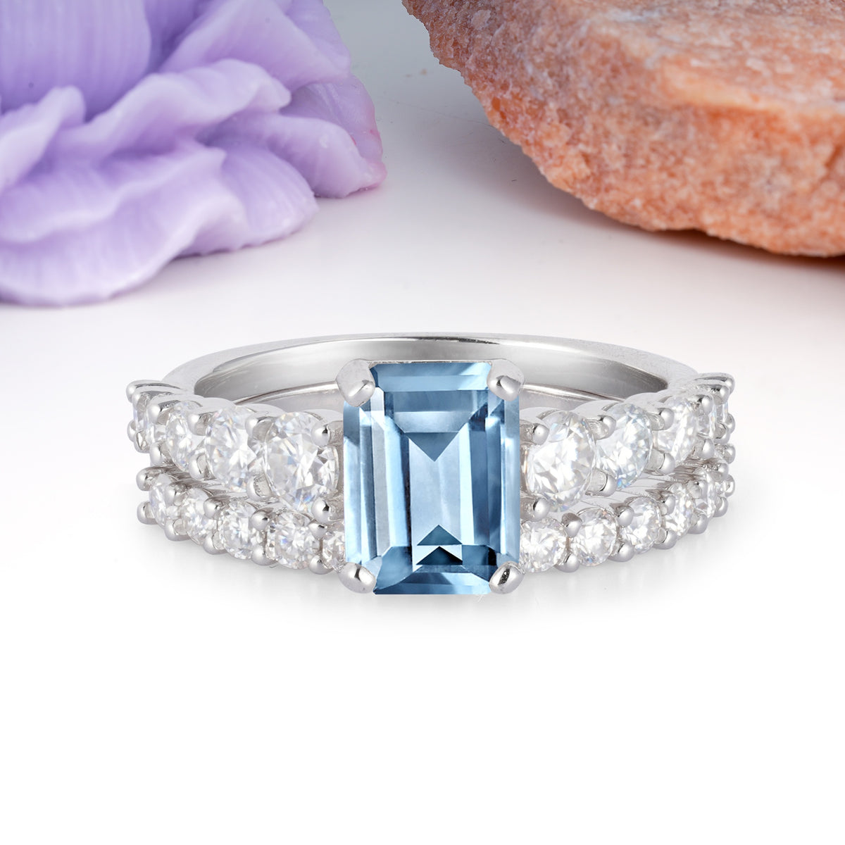 Grand Prong?Held Emerald Cut Aquamarine Bridal Ring Set - Additional view