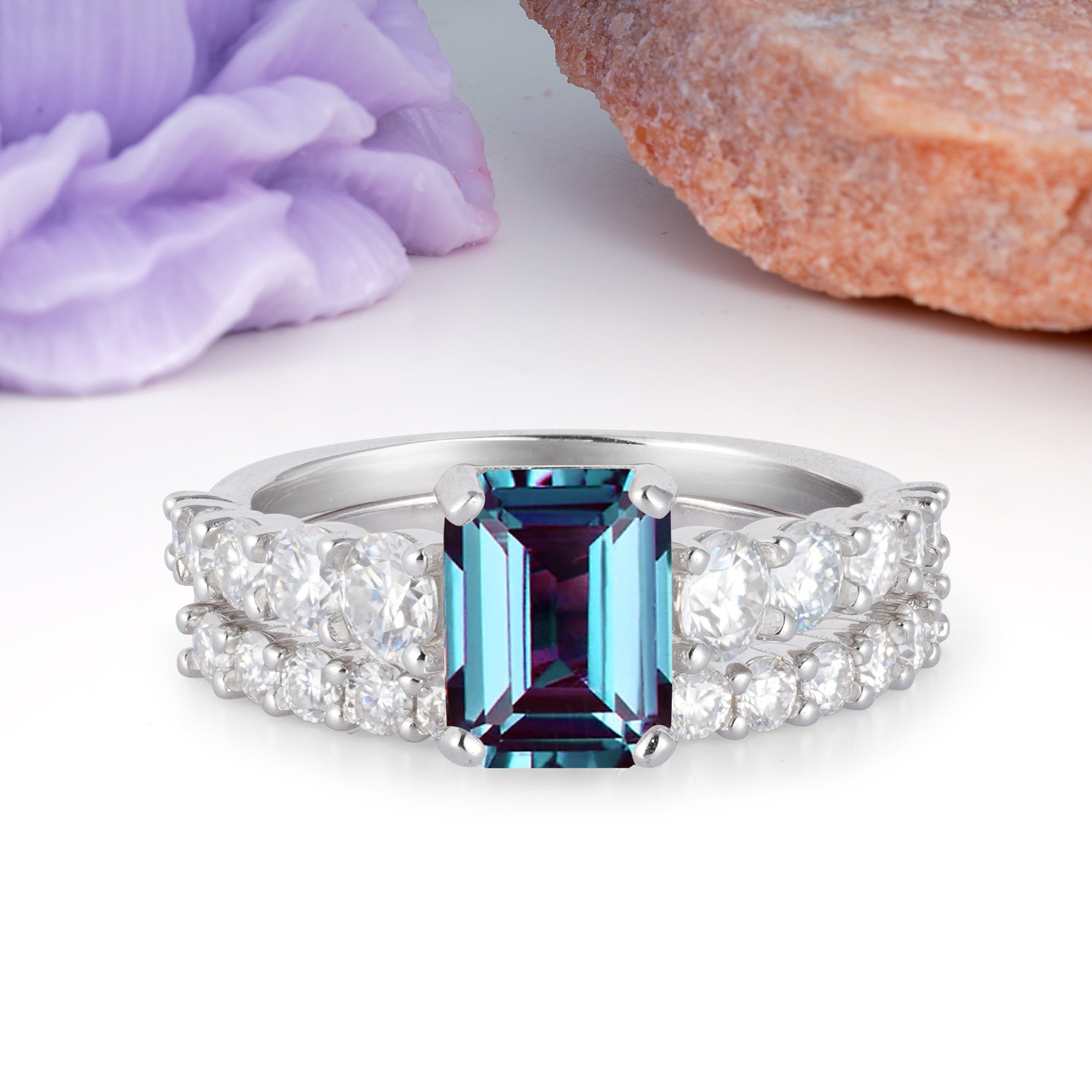 Grand Prong?Held Emerald Cut Alexandrite Bridal Ring Set - Additional view