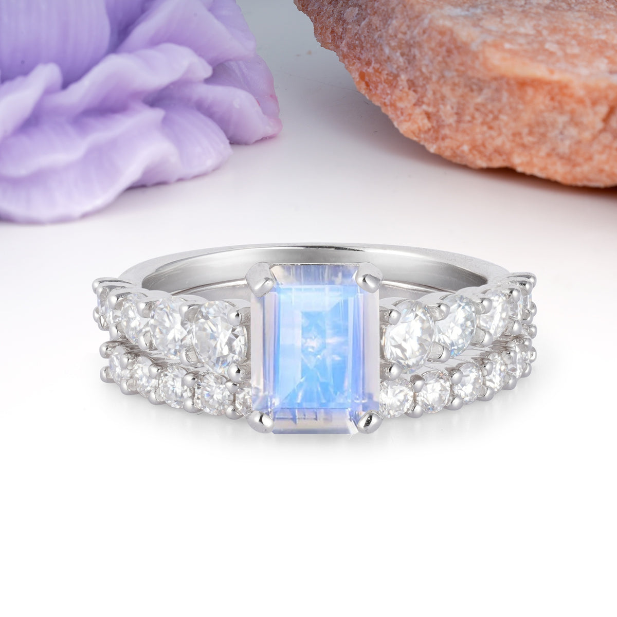 Grand Prong?Held Emerald Cut Moonstone Bridal Ring Set - Additional view