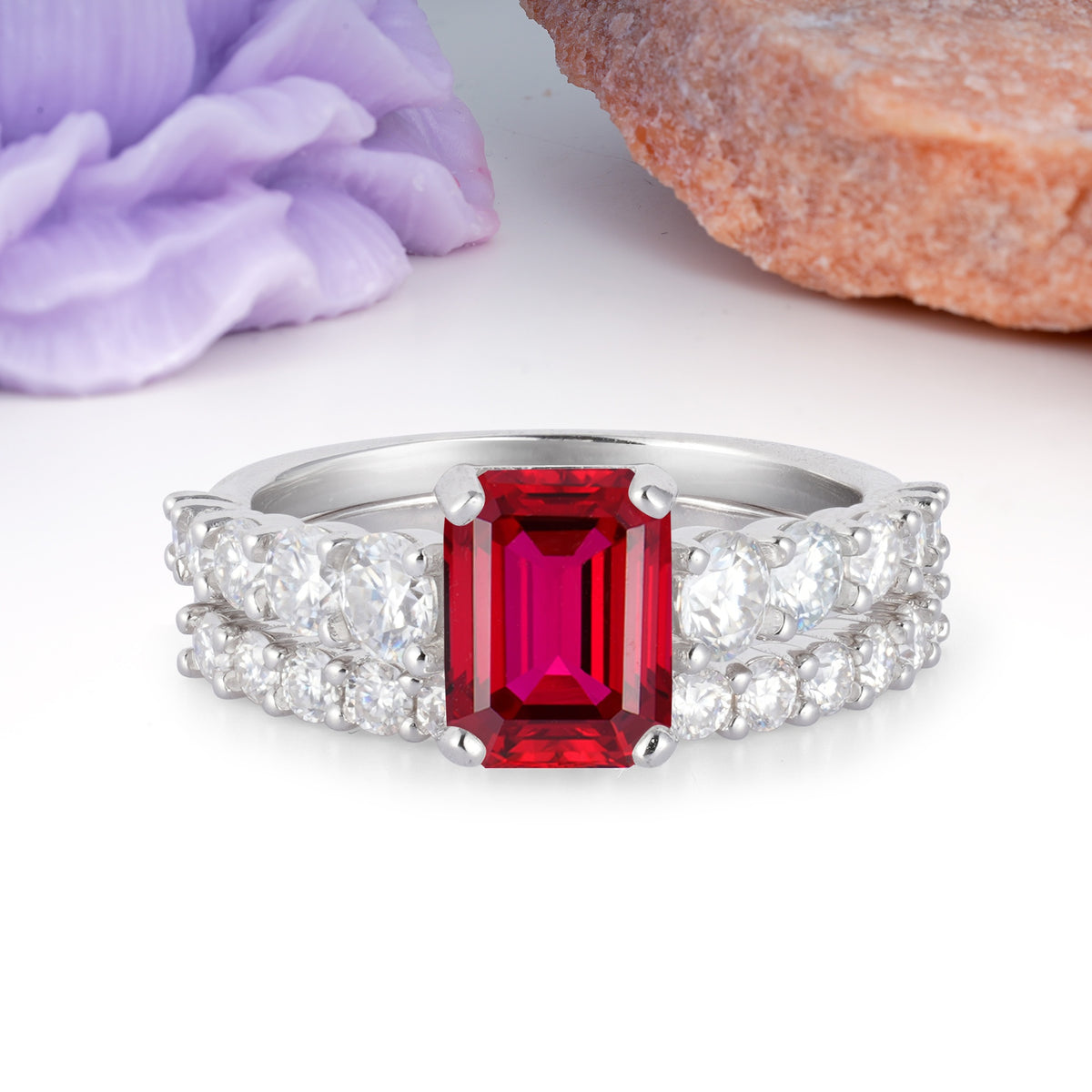 Grand Prong?Held Emerald Cut Ruby Bridal Ring Set - Additional view