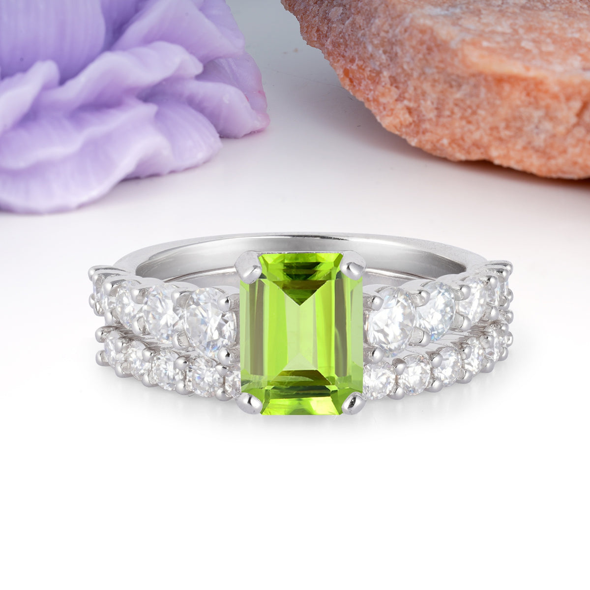 Grand Prong?Held Emerald Cut Peridot Bridal Ring Set - Additional view