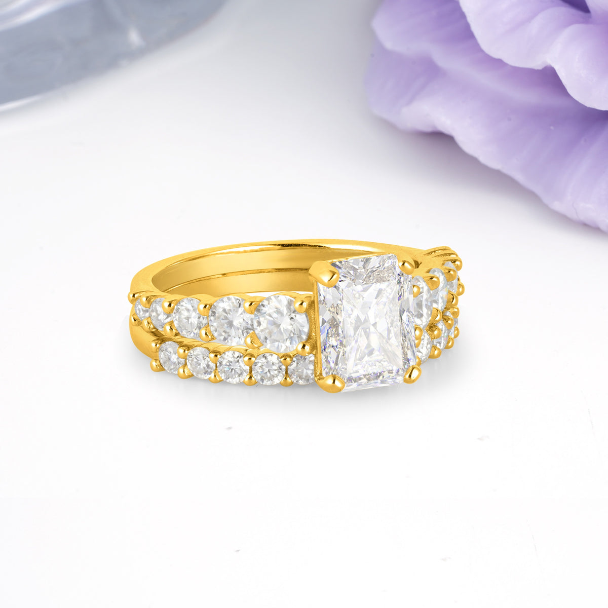 Grand Prong?Held Emerald Cut Moissanite Bridal Ring Set - Additional view