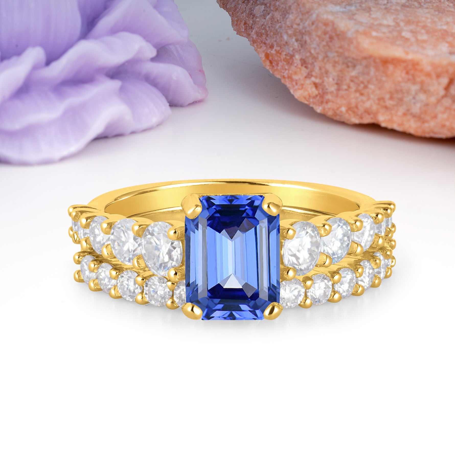 Grand Prong?Held Emerald Cut Sapphire Bridal Ring Set - Additional view