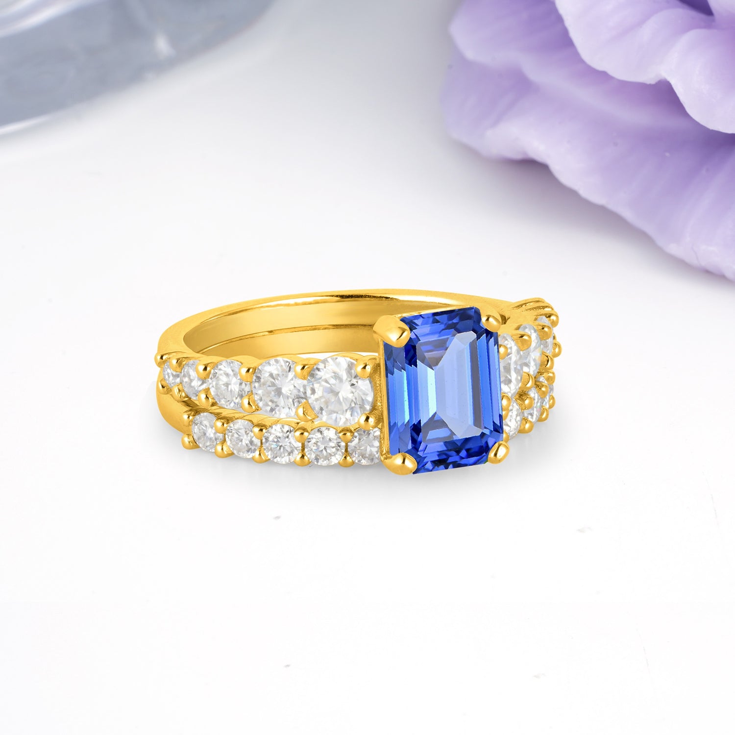 Grand Prong?Held Emerald Cut Sapphire Bridal Ring Set - Additional view