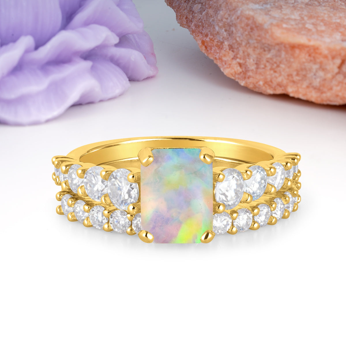 Grand Prong?Held Emerald Cut Fire Opal Bridal Ring Set - Additional view