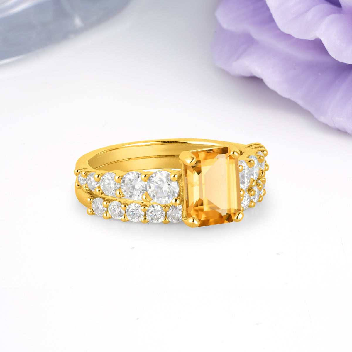 Grand Prong?Held Emerald Cut Citrine Bridal Ring Set - Additional view
