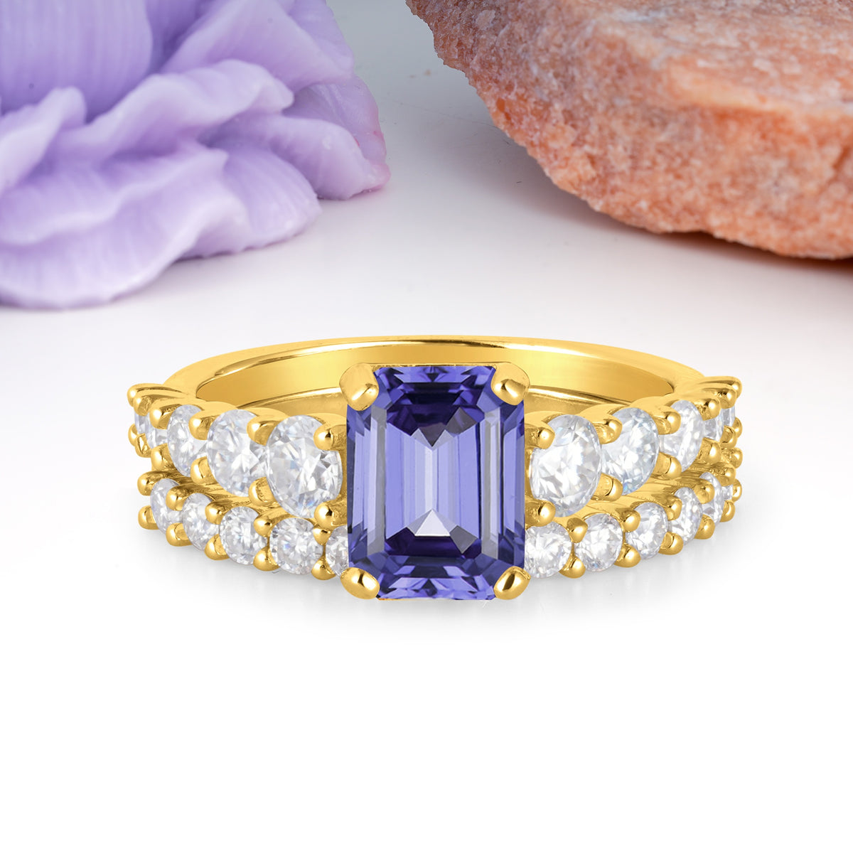 Grand Prong?Held Emerald Cut Tanzanite Bridal Ring Set - Additional view