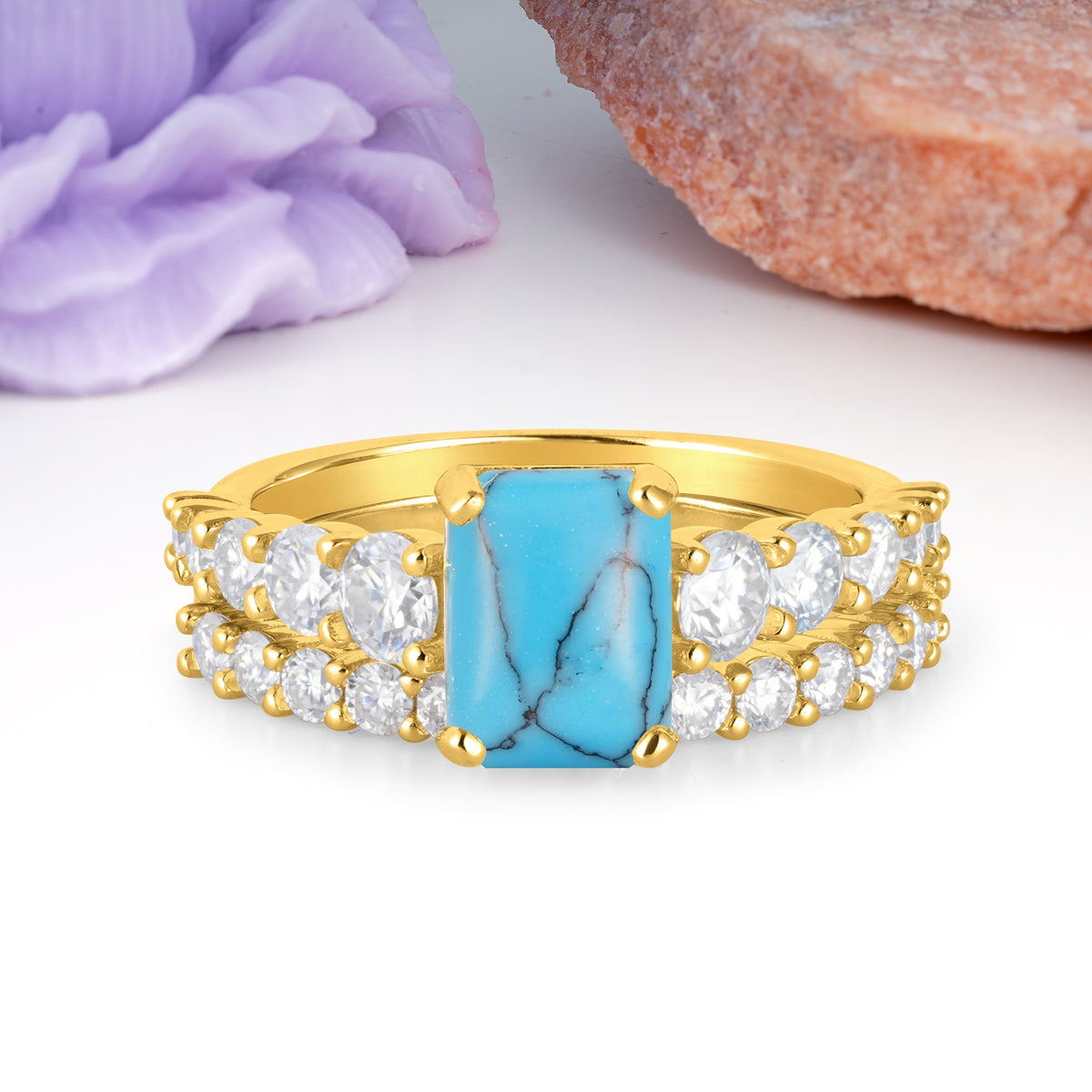 Grand Prong?Held Emerald Cut Turquoise Bridal Ring Set - Additional view