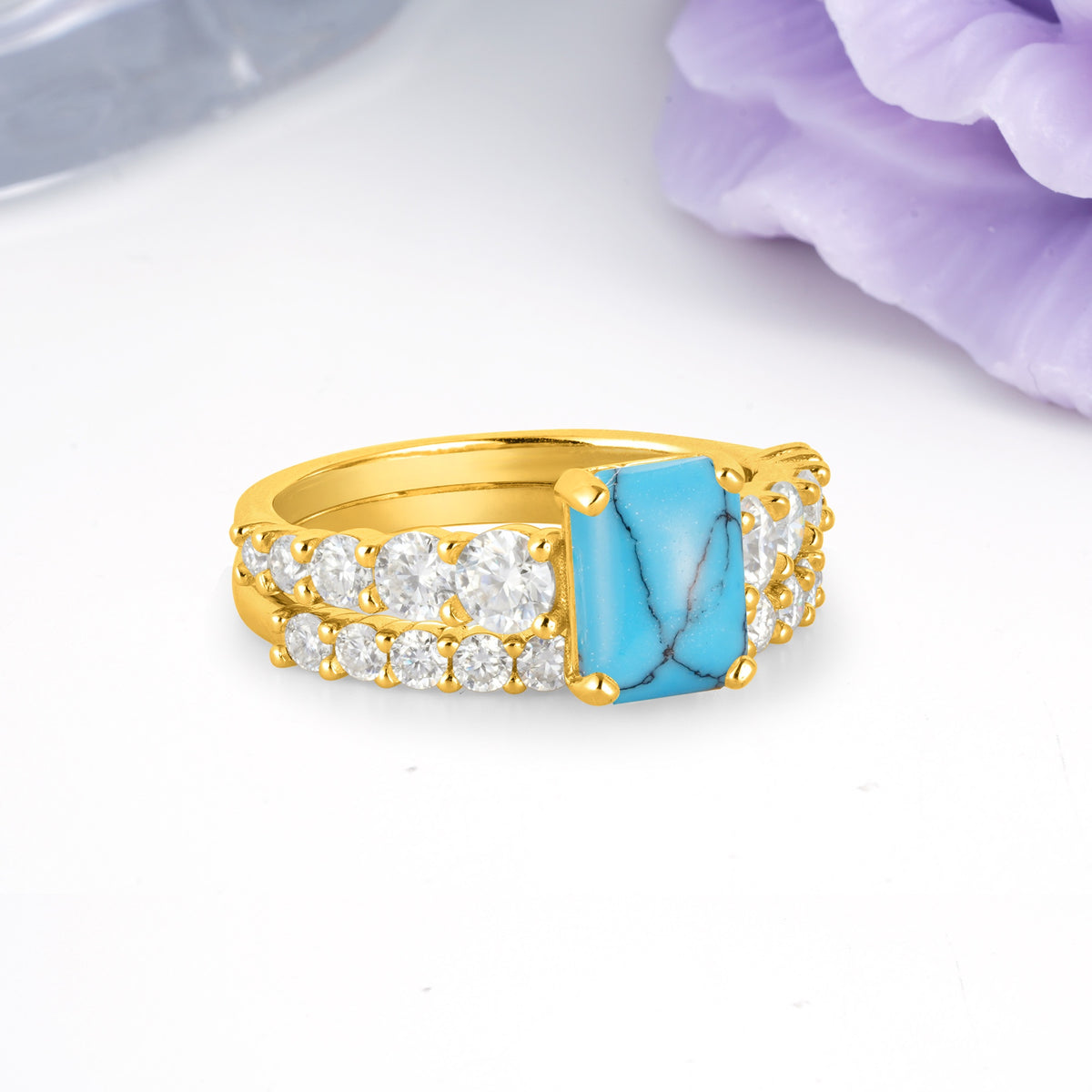 Grand Prong?Held Emerald Cut Turquoise Bridal Ring Set - Additional view